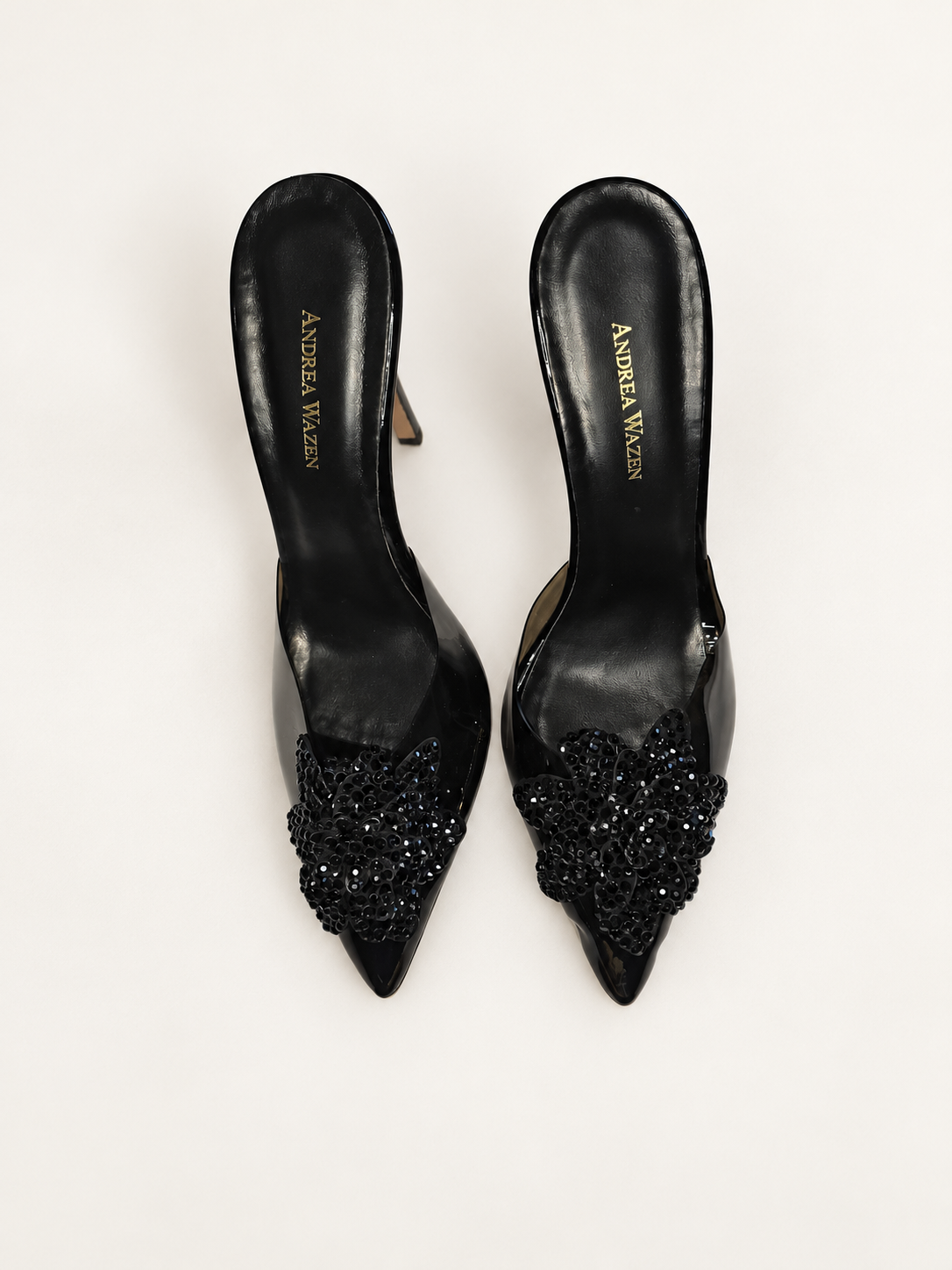 Andrea Wazen Flora PVC Glitz Mules — Black — Size 41