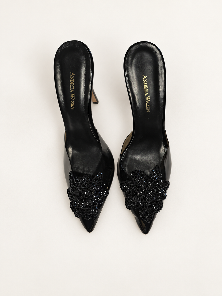 Andrea Wazen Flora PVC Glitz Mules — Black — Size 41