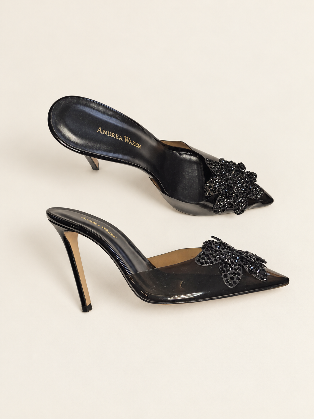 Andrea Wazen Flora PVC Glitz Mules — Black — Size 41