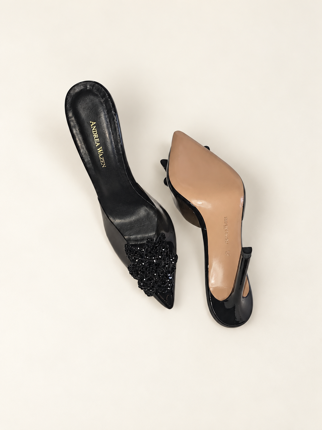 Andrea Wazen Flora PVC Glitz Mules — Black — Size 41